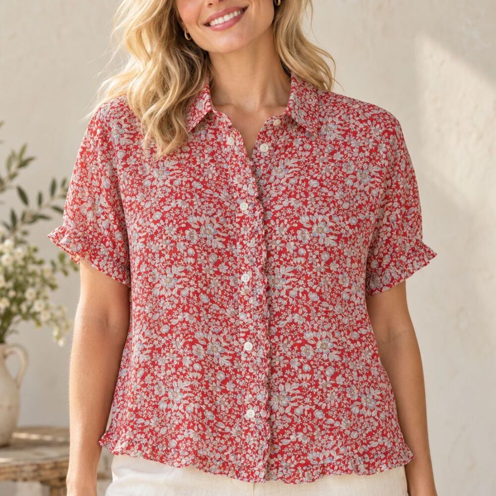 J.Crew Ruffle Trim Button Front Blouse M Red Ditsy Floral Camp Shirt Romantic